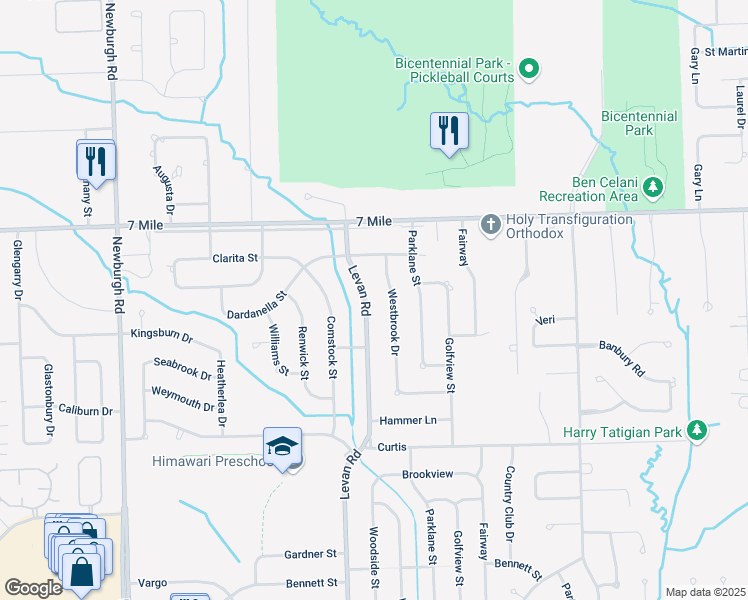 map of restaurants, bars, coffee shops, grocery stores, and more near 18690 Levan Road in Livonia