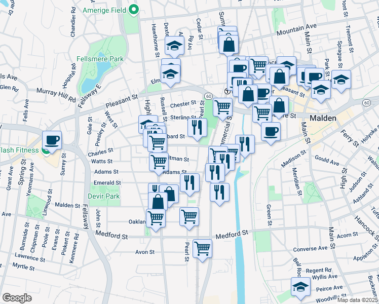 map of restaurants, bars, coffee shops, grocery stores, and more near 12 Mason Street in Malden