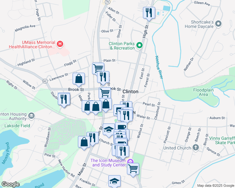 map of restaurants, bars, coffee shops, grocery stores, and more near 11 Myrtle Street in Clinton