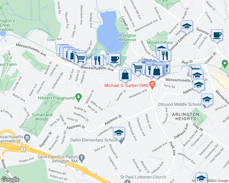 map of restaurants, bars, coffee shops, grocery stores, and more near 3 Inverness Road in Arlington