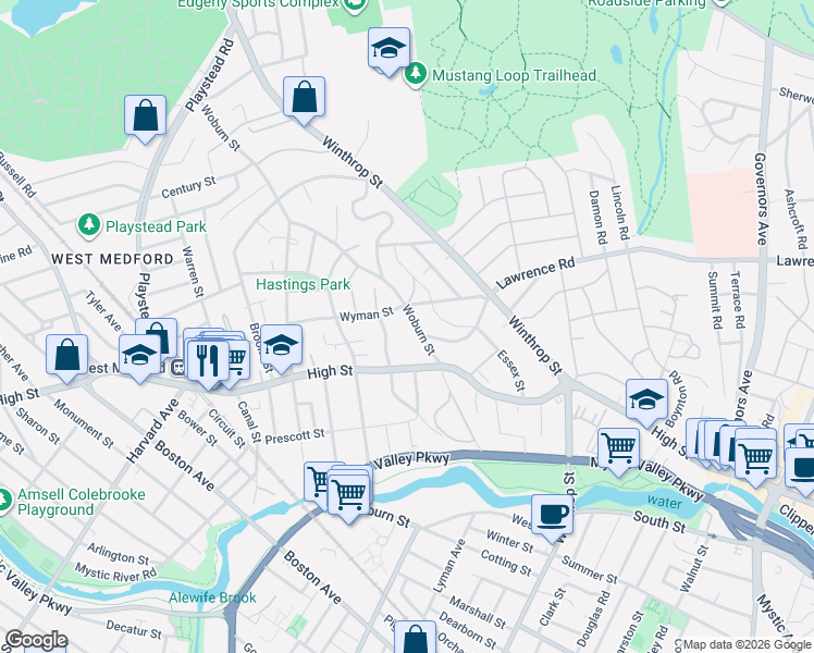 map of restaurants, bars, coffee shops, grocery stores, and more near 36 Woburn Street in Medford