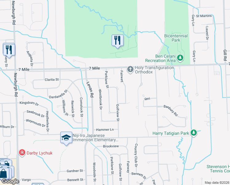map of restaurants, bars, coffee shops, grocery stores, and more near 18693 Golfview Street in Livonia