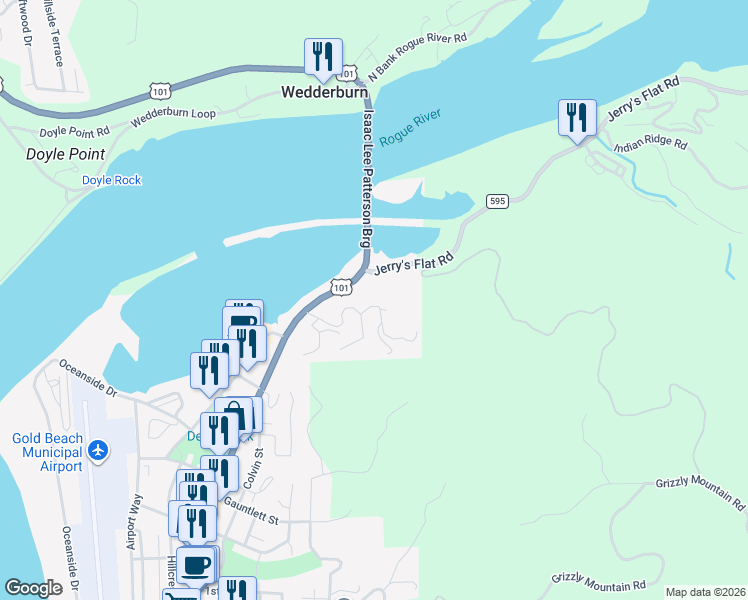 map of restaurants, bars, coffee shops, grocery stores, and more near 94414 Tom Cat Hill Road in Gold Beach