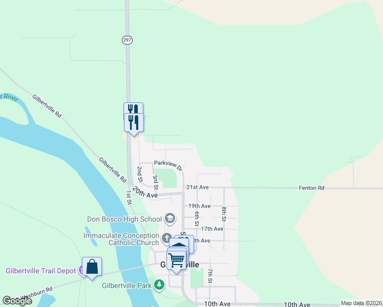 map of restaurants, bars, coffee shops, grocery stores, and more near 512 Prairie Lane in Gilbertville