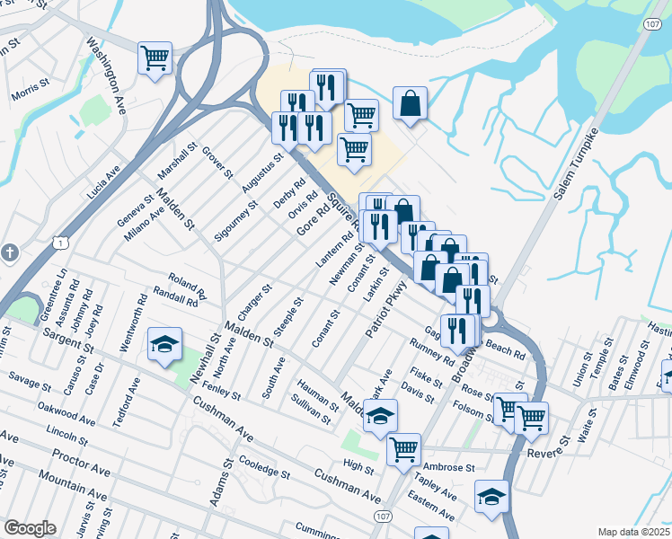 map of restaurants, bars, coffee shops, grocery stores, and more near 121 Newman Street in Revere