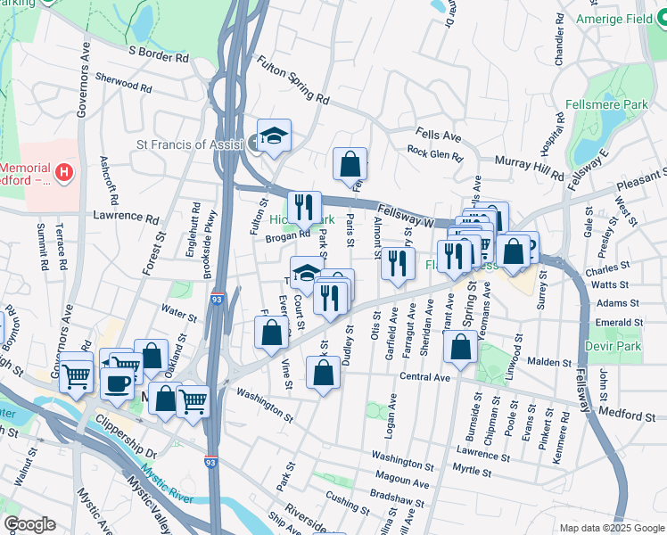 map of restaurants, bars, coffee shops, grocery stores, and more near 259 Park Street in Medford