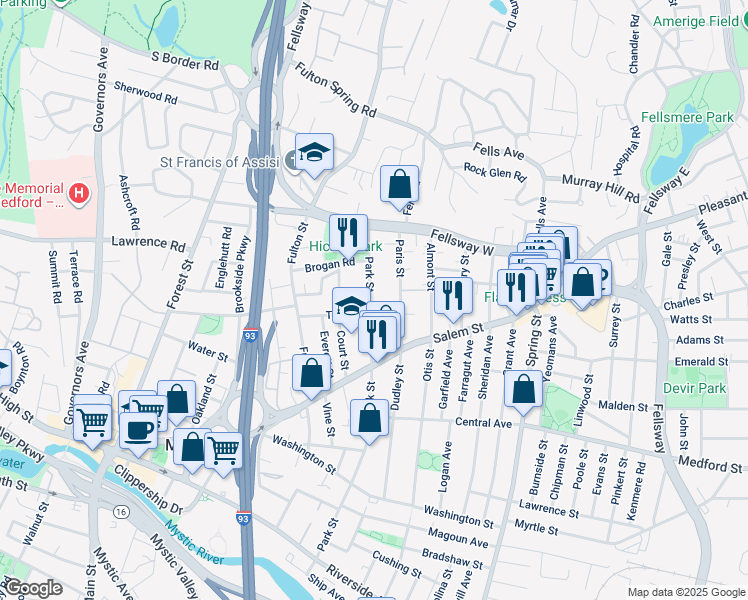 map of restaurants, bars, coffee shops, grocery stores, and more near 259 Park Street in Medford