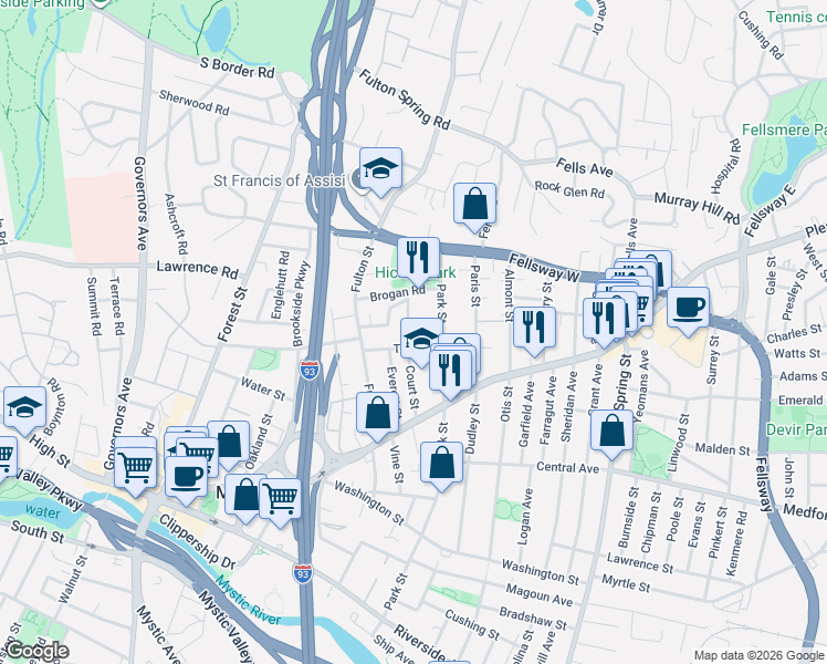 map of restaurants, bars, coffee shops, grocery stores, and more near 59 Court Street in Medford