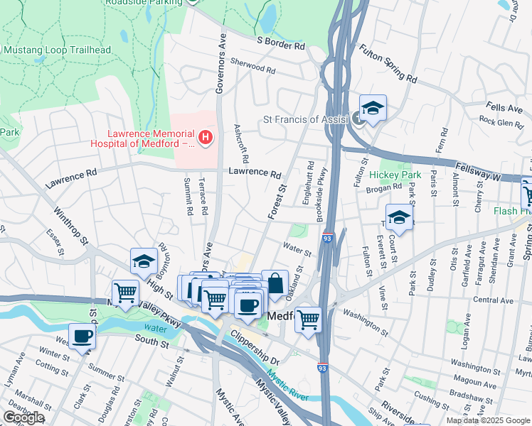 map of restaurants, bars, coffee shops, grocery stores, and more near 116 Forest Street in Medford