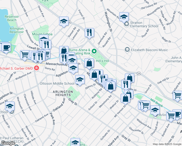 map of restaurants, bars, coffee shops, grocery stores, and more near 1145 Massachusetts Avenue in Arlington
