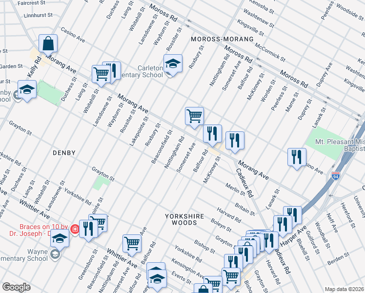 map of restaurants, bars, coffee shops, grocery stores, and more near 11089 Nottingham Road in Detroit