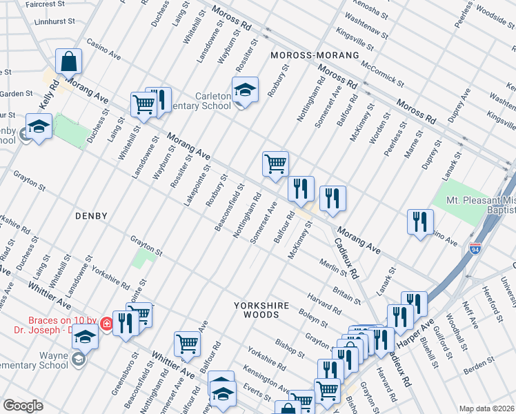 map of restaurants, bars, coffee shops, grocery stores, and more near 11089 Nottingham Road in Detroit