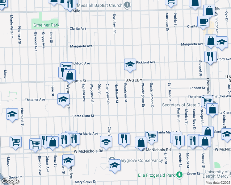 map of restaurants, bars, coffee shops, grocery stores, and more near 18027 Northlawn Street in Detroit