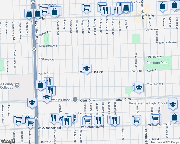 map of restaurants, bars, coffee shops, grocery stores, and more near in Detroit