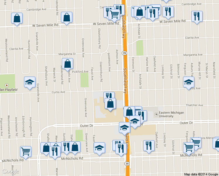 map of restaurants, bars, coffee shops, grocery stores, and more near 18300 Curtis Street in Detroit