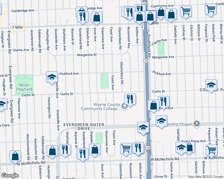 map of restaurants, bars, coffee shops, grocery stores, and more near 18526 Curtis Street in Detroit