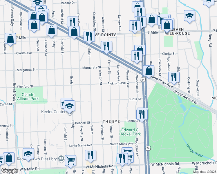 map of restaurants, bars, coffee shops, grocery stores, and more near 18293 Fenton Street in Detroit