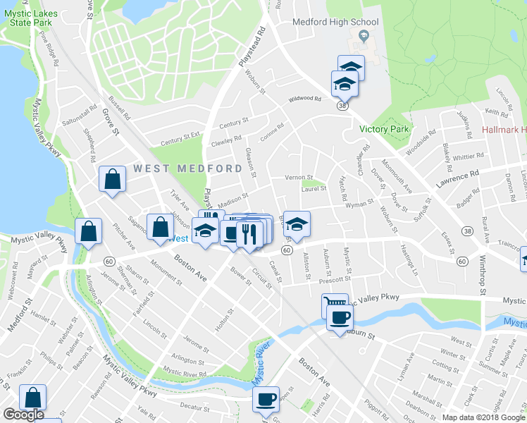 map of restaurants, bars, coffee shops, grocery stores, and more near 21 Hillcroft Park in Medford