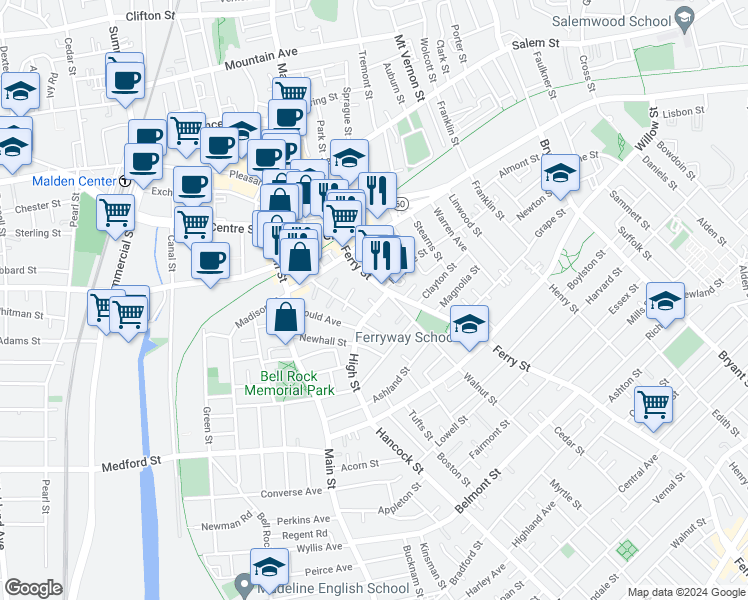 map of restaurants, bars, coffee shops, grocery stores, and more near 13 High Street in Malden