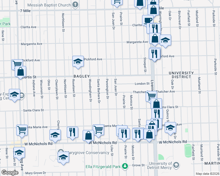 map of restaurants, bars, coffee shops, grocery stores, and more near 18031 Pennington Drive in Detroit