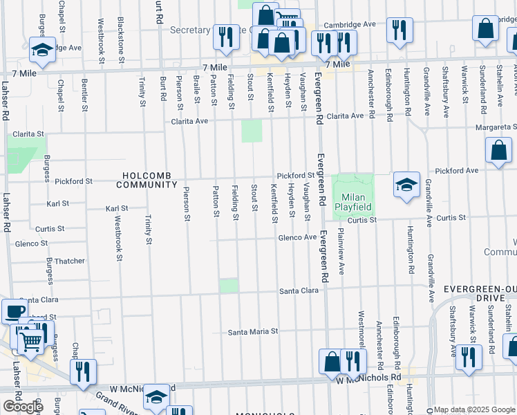 map of restaurants, bars, coffee shops, grocery stores, and more near 18198 Stout Street in Detroit