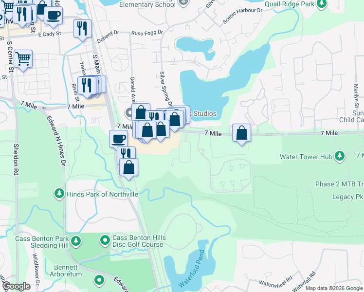 map of restaurants, bars, coffee shops, grocery stores, and more near 18882 Denali Circle in Northville