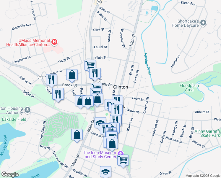 map of restaurants, bars, coffee shops, grocery stores, and more near 15 Myrtle Street in Clinton