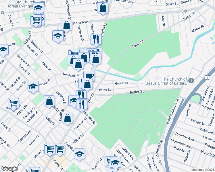 map of restaurants, bars, coffee shops, grocery stores, and more near 59 Grover Street in Everett