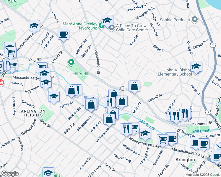 map of restaurants, bars, coffee shops, grocery stores, and more near 288 Summer Street in Arlington