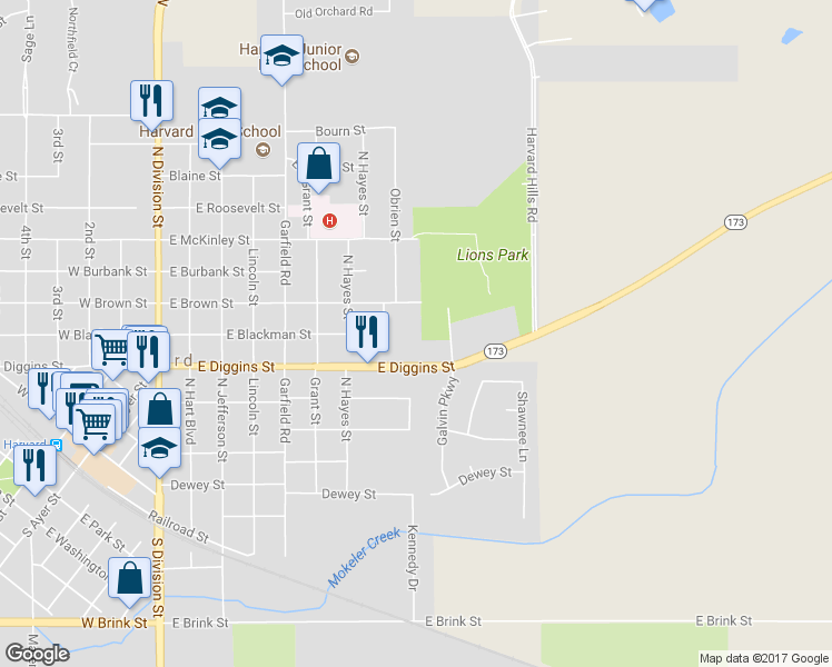 map of restaurants, bars, coffee shops, grocery stores, and more near 811 East Brown Street in Harvard