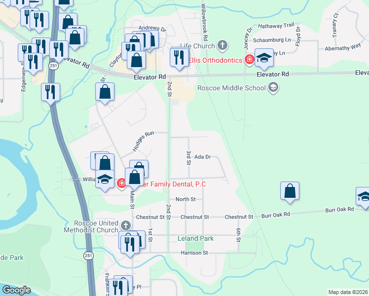 map of restaurants, bars, coffee shops, grocery stores, and more near 11188 3rd Street in Roscoe
