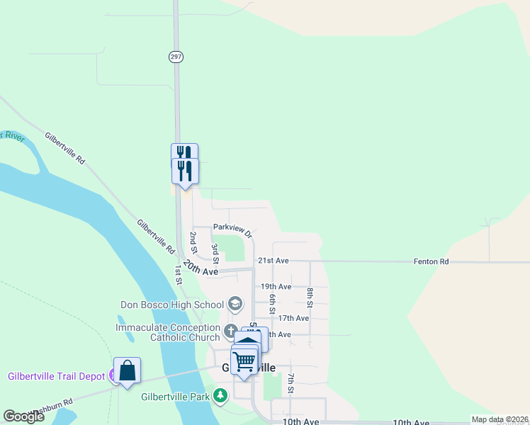 map of restaurants, bars, coffee shops, grocery stores, and more near 512 Prairie Lane in Gilbertville