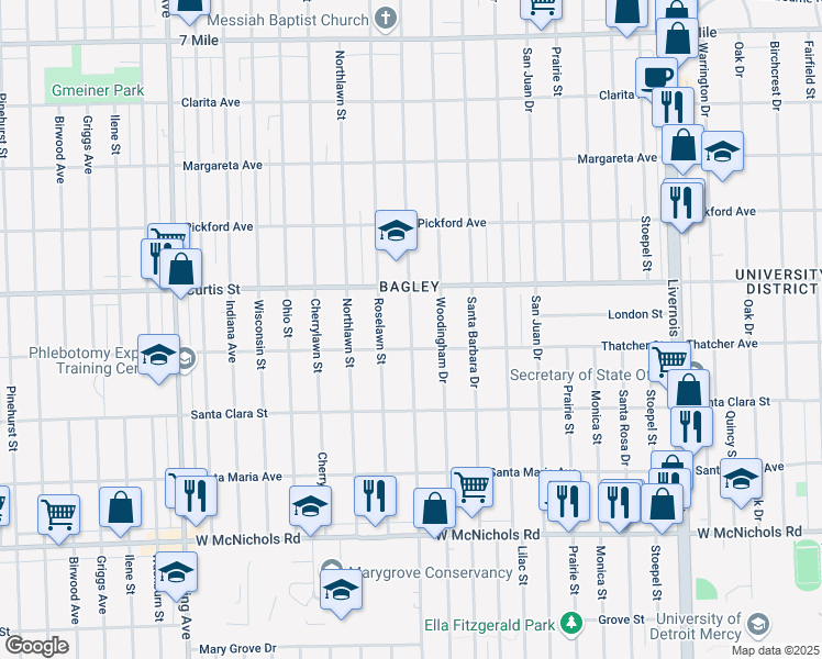 map of restaurants, bars, coffee shops, grocery stores, and more near 18034 Greenlawn St in Detroit