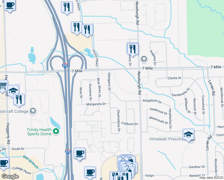 map of restaurants, bars, coffee shops, grocery stores, and more near 37714 Kingsburn Drive in Livonia