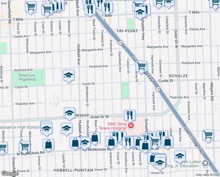 map of restaurants, bars, coffee shops, grocery stores, and more near 18077 Ardmore Street in Detroit