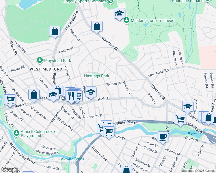 map of restaurants, bars, coffee shops, grocery stores, and more near 103 Mystic Street in Medford