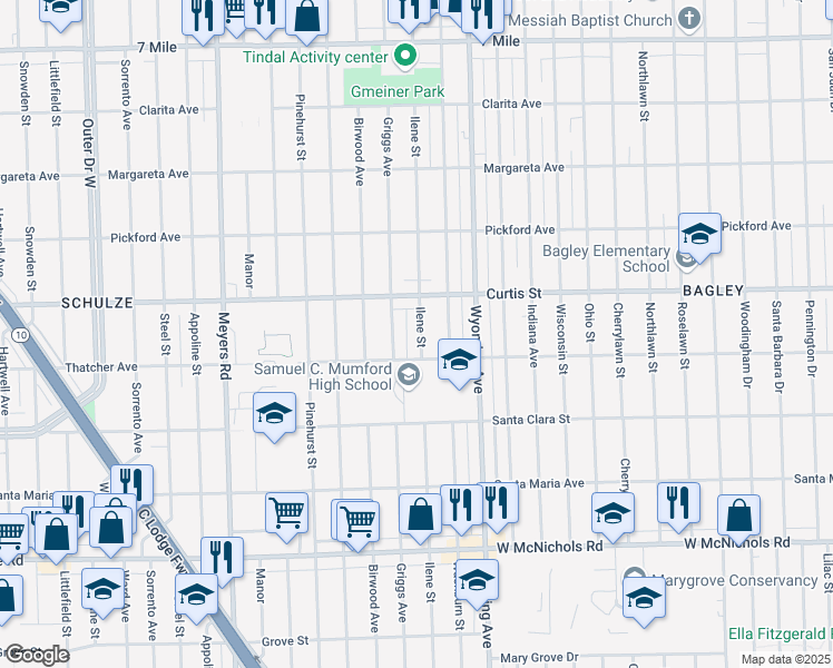 map of restaurants, bars, coffee shops, grocery stores, and more near 18049 Ilene Street in Detroit