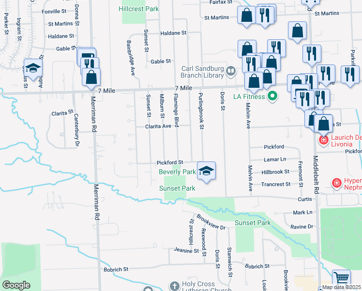 map of restaurants, bars, coffee shops, grocery stores, and more near 18618 Flamingo Boulevard in Livonia