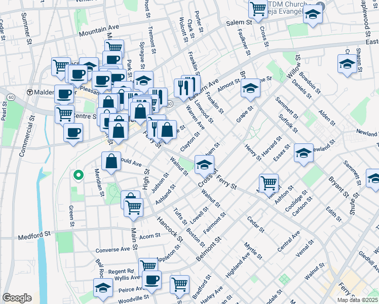 map of restaurants, bars, coffee shops, grocery stores, and more near 8 Magnolia Street in Malden