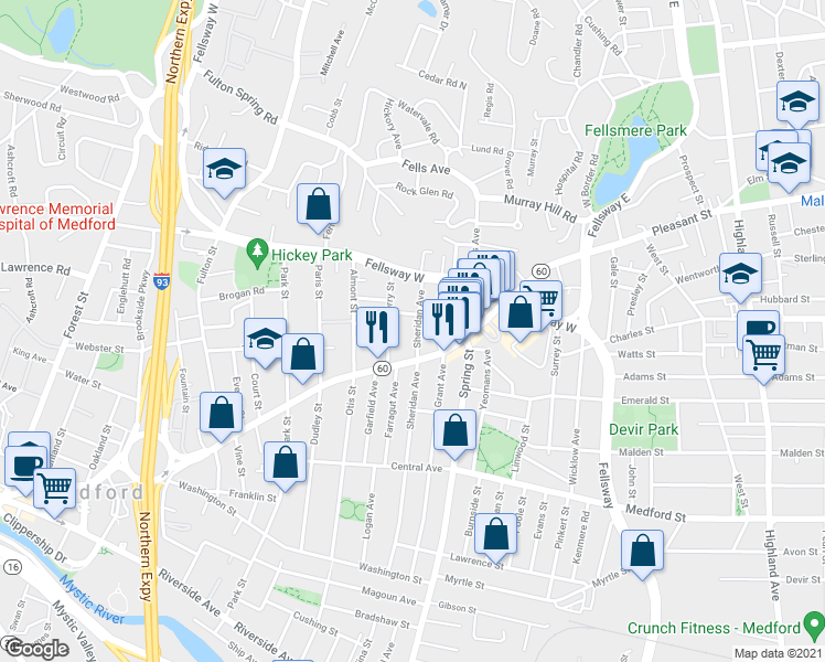 map of restaurants, bars, coffee shops, grocery stores, and more near 166 Sheridan Avenue in Medford