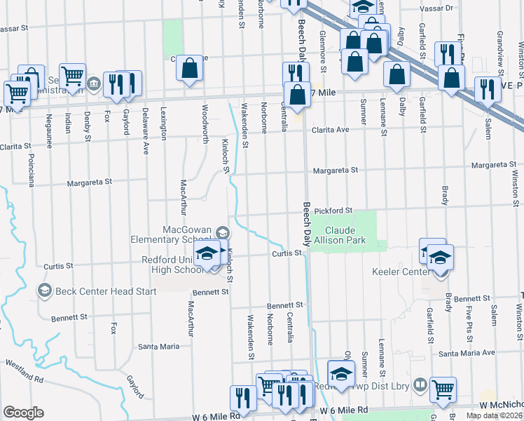 map of restaurants, bars, coffee shops, grocery stores, and more near 18405 Norborne in Wayne County