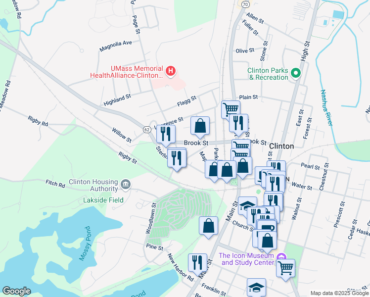 map of restaurants, bars, coffee shops, grocery stores, and more near 25 Greeley Street in Clinton