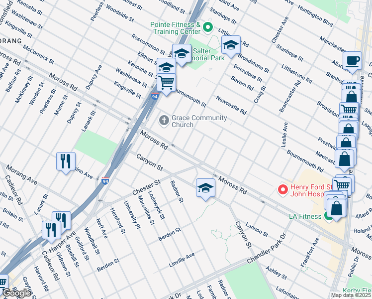map of restaurants, bars, coffee shops, grocery stores, and more near 21207 Moross Road in Detroit
