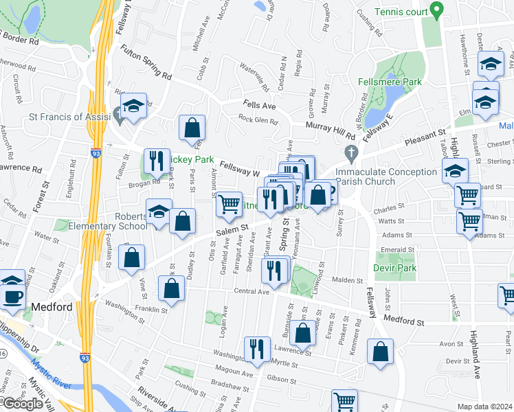 map of restaurants, bars, coffee shops, grocery stores, and more near 169 Sheridan Avenue in Medford