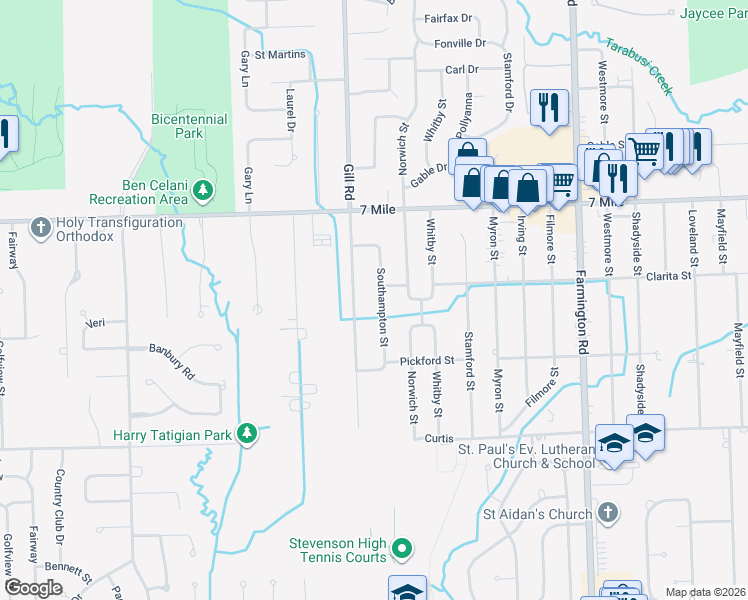map of restaurants, bars, coffee shops, grocery stores, and more near 18701 Southampton Street in Livonia