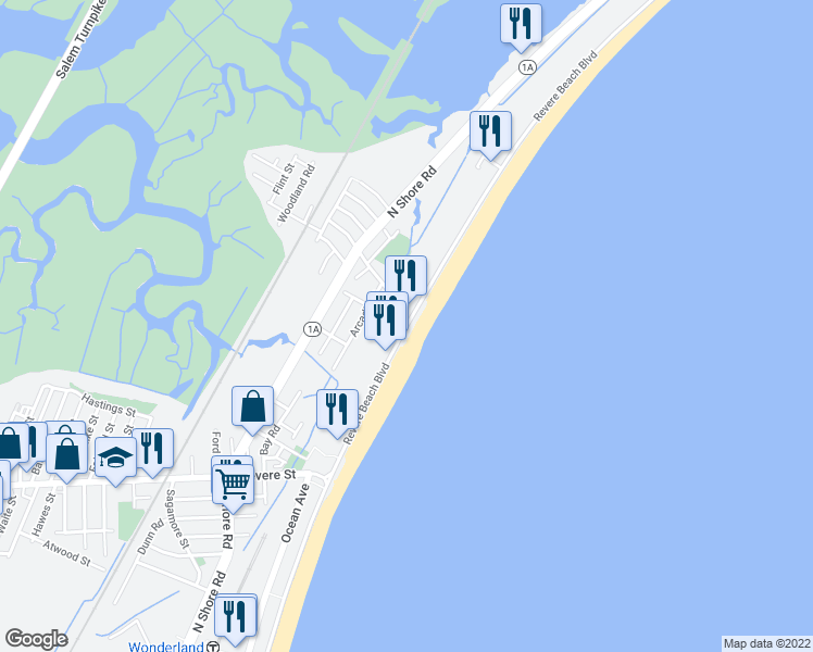 map of restaurants, bars, coffee shops, grocery stores, and more near 689 Revere Beach Boulevard in Revere