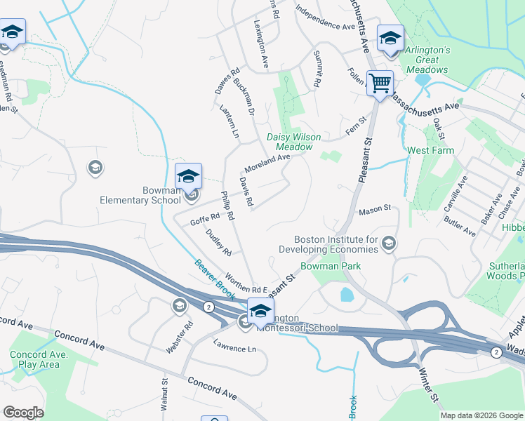 map of restaurants, bars, coffee shops, grocery stores, and more near 24 Bird Hill Road in Lexington