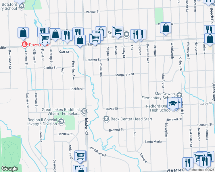 map of restaurants, bars, coffee shops, grocery stores, and more near 18441 Negaunee in Wayne County