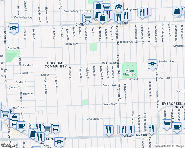map of restaurants, bars, coffee shops, grocery stores, and more near 18198 Stout Street in Detroit
