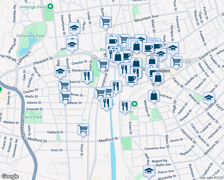 map of restaurants, bars, coffee shops, grocery stores, and more near 150 Charles Street in Malden